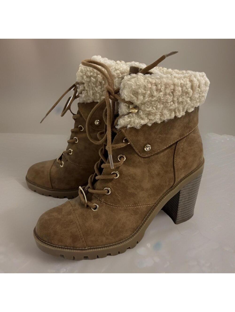 G by Guess Grazzy Brown Faux Fur Cuff Block Heel Ankle Boots